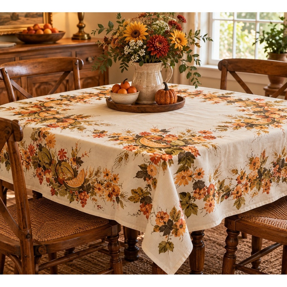 Vintage 1960s Harvest Floral Tablecloth 45x45 Autumn Pumpkin Grapes Mid Century